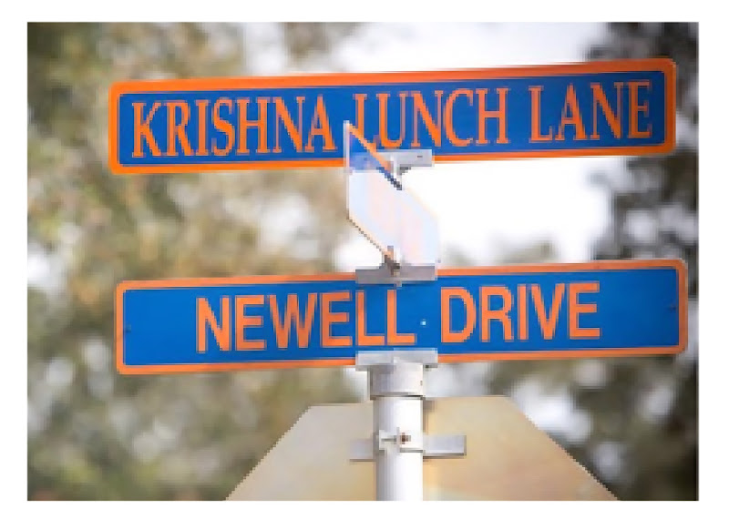 Street sign reading Krishna Lunch Lane and Newell Drive